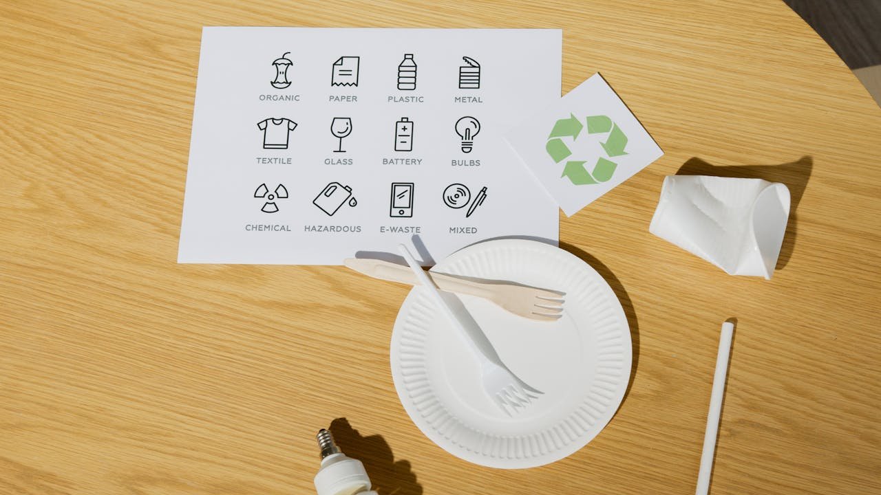 our-services-3 A flat lay of eco-friendly tableware and recycling icons promoting sustainability.